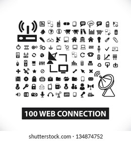 100 black web connection, communication, network, internet icons, signs set, vector