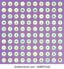 100 blue icons set in cartoon style on purple background vector illustration
