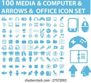 100 blue media & computer, arrows, office icon set