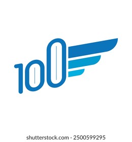 100 and blue wings. wings and 100 logo on white background