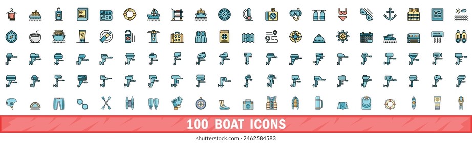 100 boat icons set. Color line set of boat vector icons thin line color flat on white