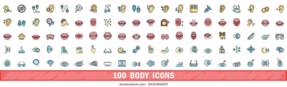 100 body icons set. Color line set of body vector icons thin line color flat on white