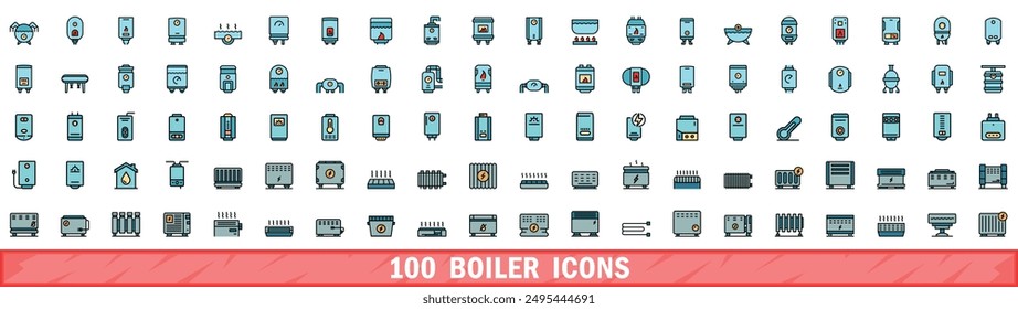 100 boiler icons set. Color line set of boiler vector icons thin line color flat on white