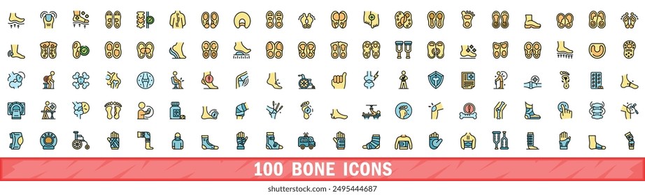 100 bone icons set. Color line set of bone vector icons thin line color flat on white