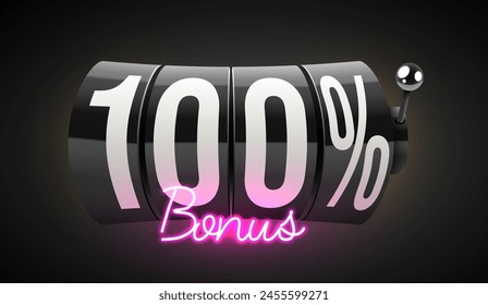 100% bonus. Black slot machine wins the jackpot. 777. Big win concept. Casino jackpot. Vector illustration