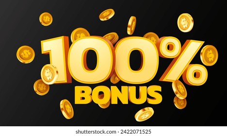 100% bonus. Falling golden coins. Cashback or prize concept. Vector illustration