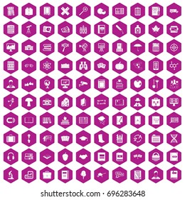 100 book icons set in violet hexagon isolated vector illustration
