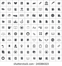 100 books icons, black on square white background 