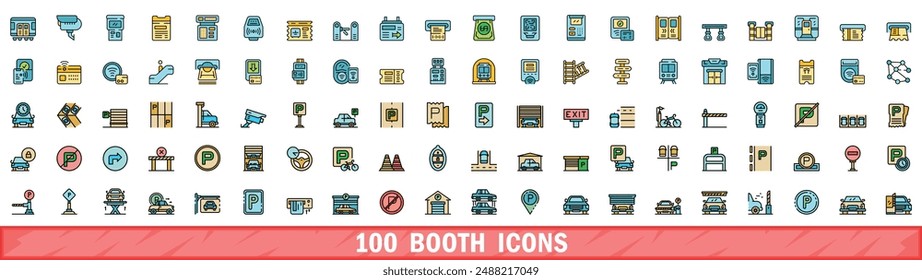 100 booth icons set. Color line set of booth vector icons thin line color flat on white