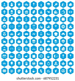100 bounty icons set in blue hexagon isolated vector illustration