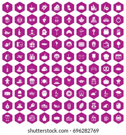 100 bounty icons set in violet hexagon isolated vector illustration