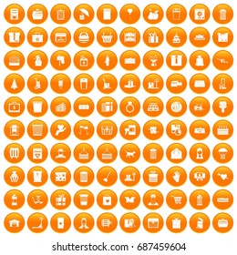 100 box icons set in orange circle isolated vector illustration