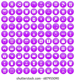 100 box icons set in purple circle isolated vector illustration