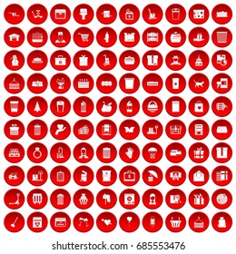 100 box icons set in red circle isolated on white vectr illustration