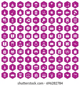 100 box icons set in violet hexagon isolated vector illustration