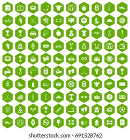 100 boxing icons set in green hexagon isolated vector illustration