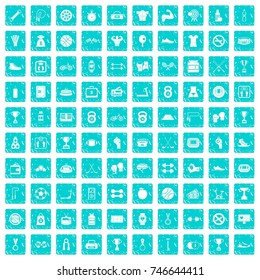 100 boxing icons set in grunge style blue color isolated on white background vector illustration