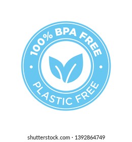 100% BPA free. 100% Plastic free icon. Round blue symbol.