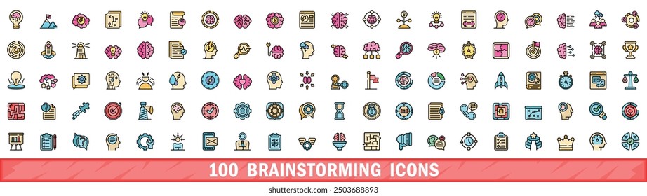 100 brainstorming icons set. Color line set of brainstorming vector icons thin line color flat on white