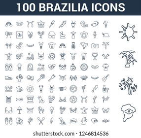 100 Brazilia universal linear icons set with Brazil, Fireworks, Palm tree, Sun, Confetti, Heart, Parrot, Ol?, Toucan, Feather