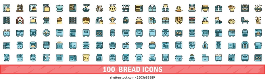 100 bread icons set. Color line set of bread vector icons thin line color flat on white