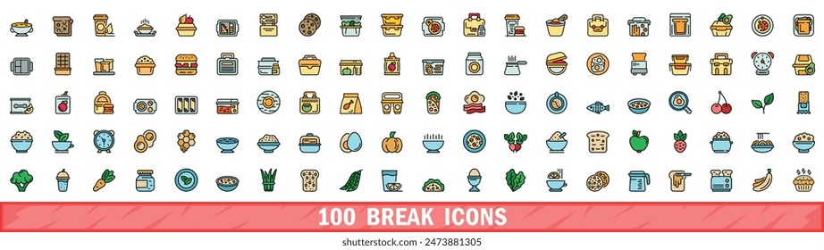 100 break icons set. Color line set of break vector icons thin line color flat on white