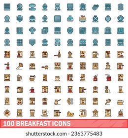100 breakfast icons set. Color line set of breakfast vector icons thin line color flat on white