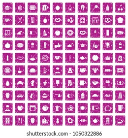 100 breakfast icons set in grunge style pink color isolated on white background vector illustration