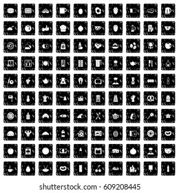 100 breakfast icons set in grunge style isolated vector illustration