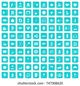 100 breakfast icons set in grunge style blue color isolated on white background vector illustration