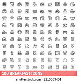 100 iconos de desayuno. Ilustración de esquema de 100 iconos de desayuno conjunto de vectores aislado en fondo blanco