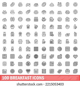100 breakfast icons set. Outline illustration of 100 breakfast icons vector set isolated on white background