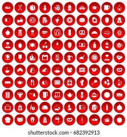 100 breakfast icons set in red circle isolated on white vector illustration