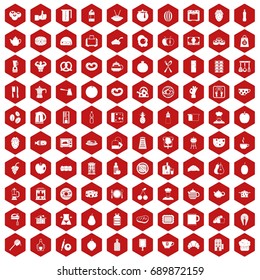 100 breakfast icons set in red hexagon isolated vector illustration