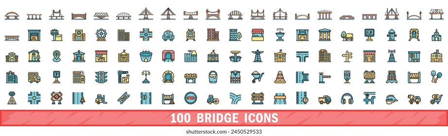 Conjunto de 100 iconos de puente. Conjunto de línea de color de iconos de vector de puente de línea delgada de color plano en blanco