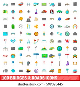 100 bridges and roads icons set in cartoon style for any design vector illustration