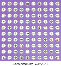 100 bridges and roads icons set in cartoon style on purple background vector illustration