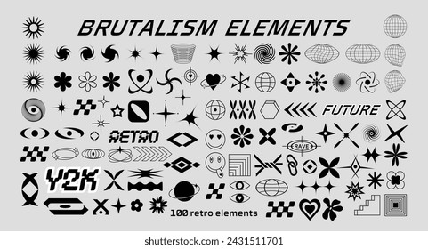 100 Brutalism futuristic elements collection. Different abstract geometric shapes and forms set. Y2k, rave icons bundle. Great for posters, events, tickets, stickers, banners, web, graphic design