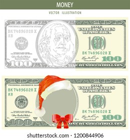 100 Bucks on white background. American one hundred dollar banknote. Holiday Christmas savings or sale advertisement. Santa Claus hat.