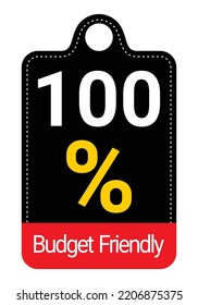 100% Budget Friendly sign tag, label vector art Black Background white and yellow lettering