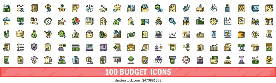 100 budget icons set. Color line set of budget vector icons thin line color flat on white