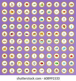 100 building icons set in cartoon style on purple background vector illustration