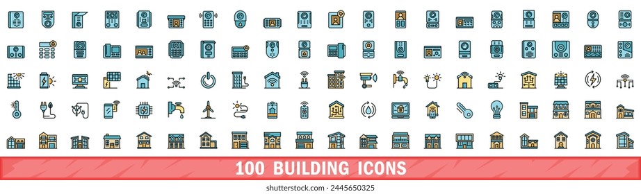 100 building icons set. Color line set of building vector icons thin line color flat on white