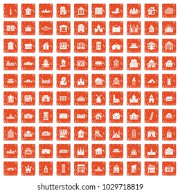 100 building icons set in grunge style orange color isolated on white background vector illustration