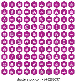 100 building icons set in violet hexagon isolated vector illustration