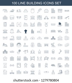 100 building icons. Trendy building icons white background. Included line icons such as house with heart, gym equipment, toy tower, level ruler. building icon for web and mobile.