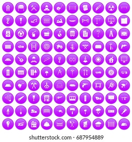 100 building materials icons set in purple circle isolated vector illustration