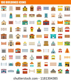 100 buildings icon set. Flat set of 100 buildings vector icons for web design