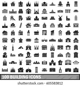 100 buildings icons set. Simple illustration of 100 buildings vector icons set isolated on white background