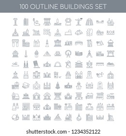 100 buildings universal icons set with Church linear, Mosque Trade Center Capitol Building University linear